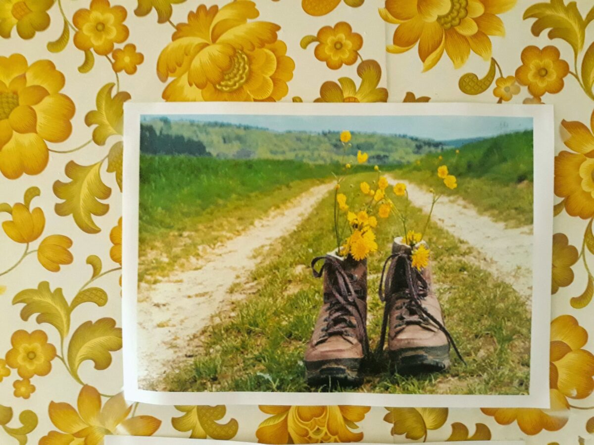 Schilderij van wandelschoenen gevuld met boterbloemen en paardenbloemen