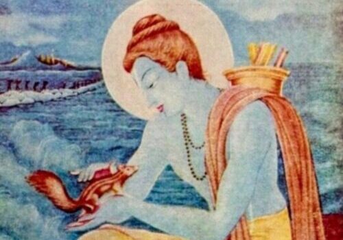 Kleurige tekening van de god Rama die een eekhoorntje over de rug streelt
